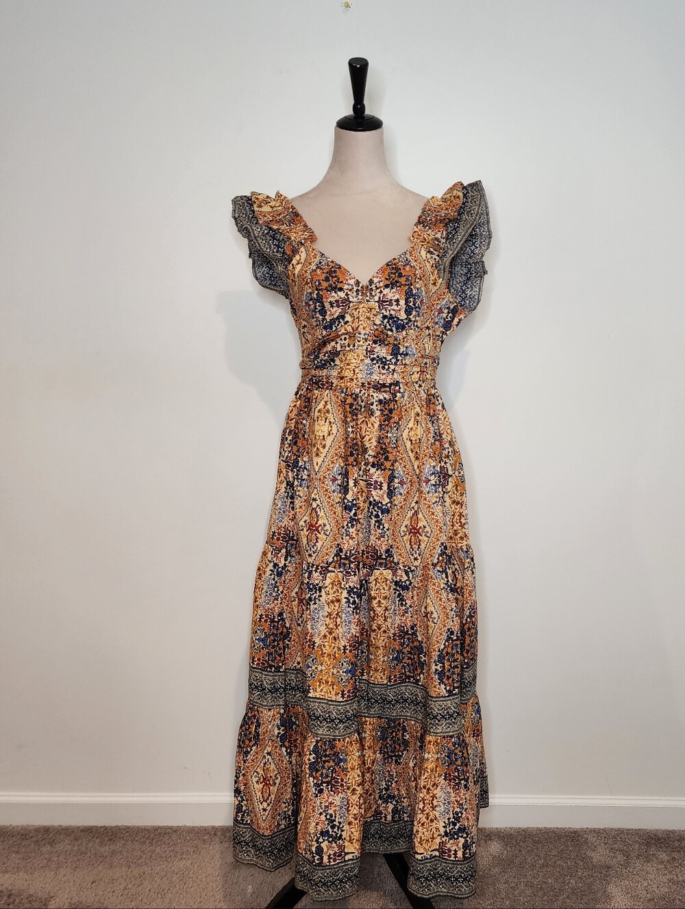 Caroline Constas Floral Print Bohemian Maxi Dress in Navy & Mustard Size M